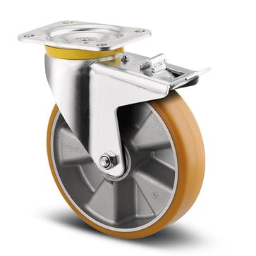 Swivel wheel w/ brake, polyurethane, Ø250 mm, 800 kg, precision ball bearing, with plate 00804222