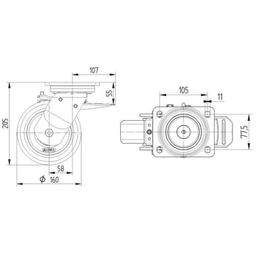 Swivel wheel w/ brake, polyamide, Ø160 mm, 850 kg, precision ball bearing, with plate 119682034