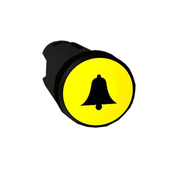 Harmony trykknapshoved i plast med fjeder-retur og plan trykflade i gul farve med sort "klokke" symbol ZB5AA551