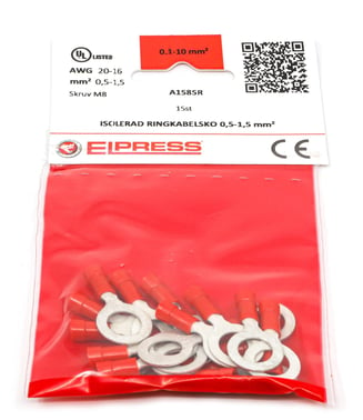 Pre-insulated ring terminal A1585R, 0.5-1.5mm² M8, Red - In bags of 15 pcs. 7278-061003