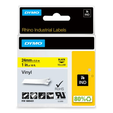 Dymo Rhino industri vinyl tape 24mmx5,5m rulle sort på gul selvklæbende 1805431