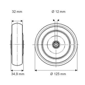 Tente Løs hjul, grå gummi, Ø125x32 mm, Ø12xNL35, glideleje, 100 kg,  Byggehøjde: 125 mm. Driftstemperatur:  -20°/+60° 00003187