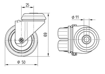 Tente Drejeligt dobbelthjul, 50 mm, 70 kg, gummi, DIN-kugleleje, med bolthul Byggehøjde: 69 mm. Driftstemperatur:  -20°/+60° 112970049