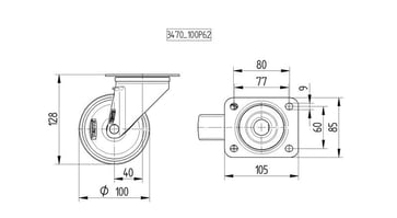 Tente Drejeligt hjul, polyuretan, 125 mm, 250 kg, DIN-kugleleje, med plade Byggehøjde: 155 mm. Driftstemperatur:  -40°/+60° 113470119