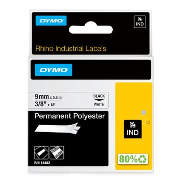 DYMO Rhino industri tape permanent polyester sort på hvid 9mmx5,5m 18482