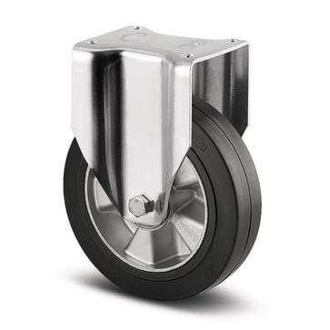 Fixed wheel, black elastic rubber, Ø160 mm, 350 kg, precision ball bearing, with plate 00004233