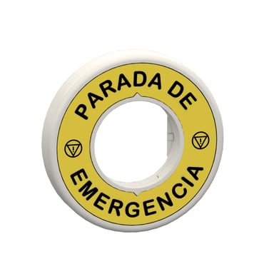 Skilt gul med spansk tekst "PARADA DE EMERGENCIA" med indbygget LED med 1 farve (rød) for Ø22 mm nødstophoveder 24V ZBY9W2B430