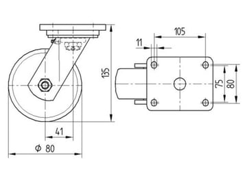 Swivel wheel, polyurethane, Ø80 mm, 500 kg, precision ball bearing, with plate 00801047