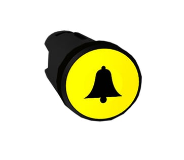 Harmony trykknapshoved i plast med fjeder-retur og plan trykflade i gul farve med sort "klokke" symbol ZB5AA551