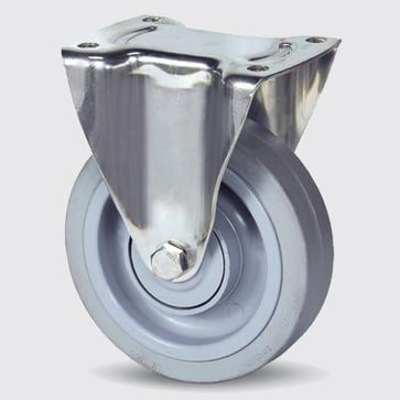 Fast hjul, grå elastisk gummi, Ø160 mm, 300 kg, DIN-kugleleje og tætning, med plade Rustfri Byggehøjde: 200 mm. Driftstemperatur:  -20°/+80° 00035534