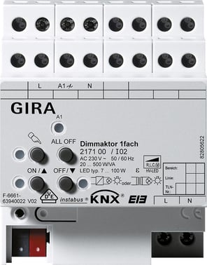 Universal-lysdæmperaktuator enkelt 20-500 W/VA KNX/EIB DIN-s 217100