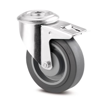 Tente Drejeligt hjul m/ bremse, grå gummi Supratech, Ø100 mm, 125 kg, DIN-kugleleje, med bolthul Byggehøjde: 128 mm. Driftstemperatur:  -20°/+60° 113477351