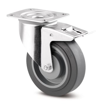 Tente Drejeligt hjul m/ bremse, grå gummi Supratech, Ø100 mm, 125 kg, DIN-kegleleje, med plade  Byggehøjde: 128 mm. Driftstemperatur:  -20°/+60° 113477341