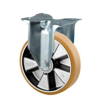 Fast hjul, polyuretan, Ø125 mm, 500 kg, DIN-kugleleje, med plade Byggehøjde: 164 mm. Driftstemperatur:  -20°/+60° 00804358