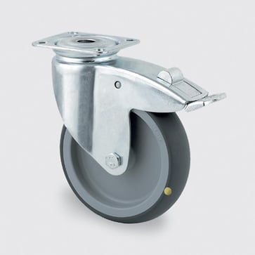 Tente Drejeligt hjul med bremse, elektrisk ledende (konduktiv), gummi, 75 mm, 75 kg, glideleje, med plade Byggehøjde: 100 mm. Driftstemperatur:  -20°/+60° 112477032A