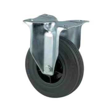 Fast hjul, sort massiv gummi, Ø100 mm, 75 kg, rulleleje, med plade  Byggehøjde: 128 mm. Driftstemperatur:  -20°/+60° 00001240