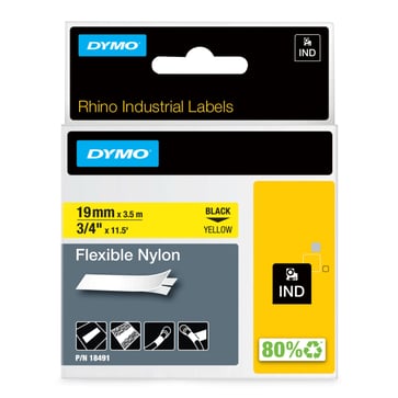 DYMO Rhino industri tape fleksibel nylon sort på gul 19mmx3,5m 18491