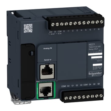 TM221 PLC Kommunikation Ethernet & Modbus, Indgange 9 , Analogindgange 2 (0-10V), Udgange 7 relæ, forsyning 110-230V AC TM221CE16R