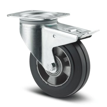 Tente Drejeligt hjul m/ bremse, sort elastisk gummi, Ø160 mm, 350 kg, DIN-kugleje, med plade Byggehøjde: 200 mm. Driftstemperatur:  -20°/+85° 113477183