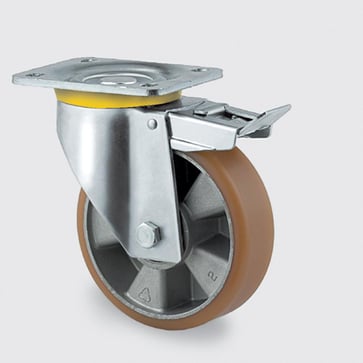 Swivel wheel w/ brake, polyurethane, Ø200 mm, 800 kg, precision ball bearing, with plate 00803794