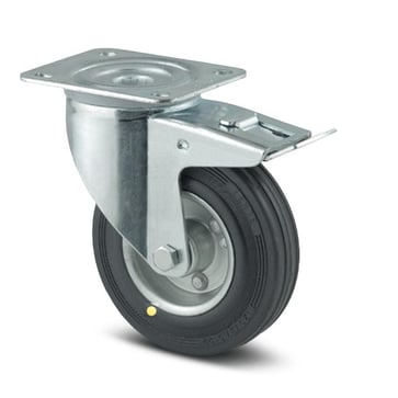 Tente Drejeligt hjul m/ bremse, stålfælg, sort massiv gummi, ESD, Ø100 mm, 70 kg, rulleleje, med plade Byggehøjde: 128 mm. Driftstemperatur:  -20°/+60° 113477002A