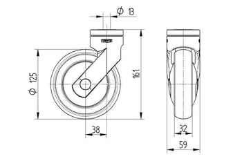 Tente Drejeligt hjul, LEVINA, grå gummi, Ø125 mm, 100 kg, DIN-kugleleje, med bolthul, RAL7001 Rustfri Byggehøjde: 161 mm. Driftstemperatur:  -10°/+40° 00036051