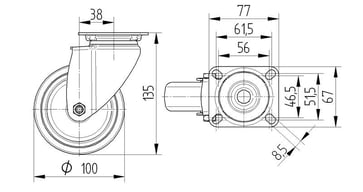 Tente Drejeligt hjul m/ bremse, grå gummi, Ø100 mm, 100 kg, DIN-kugleleje, med plade Rustfri Byggehøjde: 135 mm. Driftstemperatur:  -20°/+60° 00037541