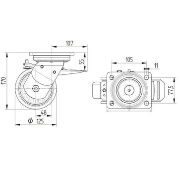 Swivel wheel w/ brake, polyamide, Ø125 mm, 700 kg, precision ball bearing, with plate 119682033