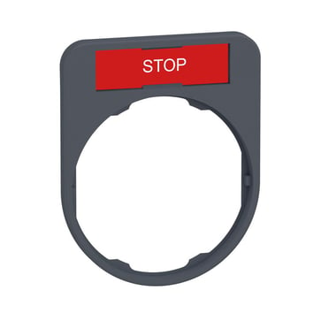 Harmony legend holder in color plated grey 40x50 mm for flush mounted pushbuttons with 8x27 mm legend with the text "STOP" ZBYF2304C0