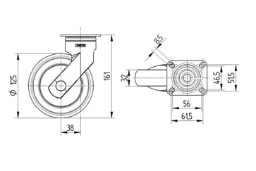 Tente Drejeligt hjul, LEVINA, grå gummi, Ø125 mm, 100 kg, DIN-kugleleje, med plade RAL7001 Byggehøjde: 161 mm. Driftstemperatur:  -10°/+40° 00034258
