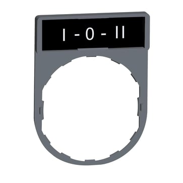 Harmony legend holder in color plated grey 30x40 mm for Ø22 mm pushbuttons with an 8x27 mm legend with the text "I-O-II" ZBY2186C0