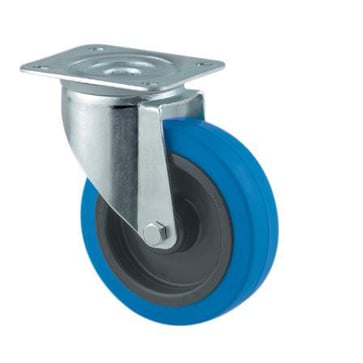 Drejeligt hjul, elastik gummi, blå, Ø100 mm, 160 kg, rulleleje, med plade Byggehøjde: 128 mm. Driftstemperatur:  -20°/+80° 00065137