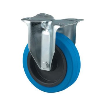 Fast hjul, blå elastisk gummi, Ø125 mm, 250 kg, rulleleje, med plade Byggehøjde: 155 mm. Driftstemperatur:  -20°/+80° 00004634
