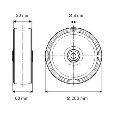 Tente Løs hjul, polyuretan supersoft, Ø200x30 mm, Ø8xNL60, DIN-kugleleje, 100 kg Byggehøjde: 200 mm. Driftstemperatur:  -20°/+60° 00005570